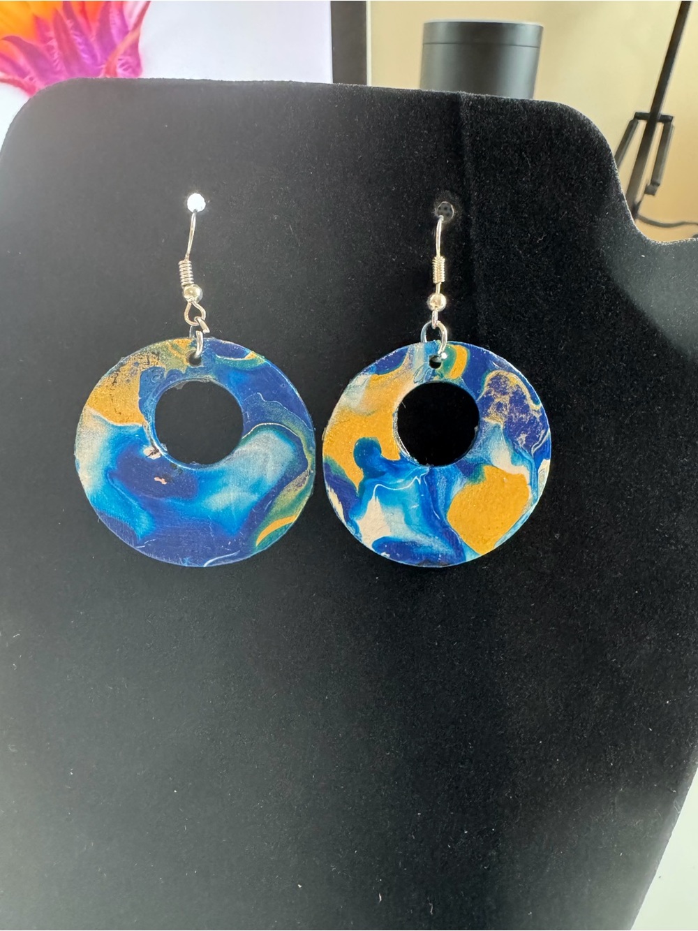 Hand Crafted Blue and Gold Marble Circle Drop Earrings
